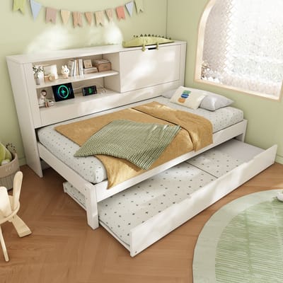 Slaapbank met eenpersoonsbed van 90 x 200 cm en uitschuifbaar bed van 90 x 190 cm, wit bedframe met opbergvak aan de achterkant, open vak, verborgen neerklapbaar opbergvak, USB/USB-C-laadstation, lattenbodem, exclusief matras.