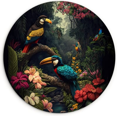 WallCircle® Wandcirkel 120x120 cm - Muurcirkel Bloemen - Vogel - Jungle - Planten - Muurdecoratie woonkamer - Wanddecoratie slaapkamer - Kamer decoratie accessoires - Ronde schilderijen XXL