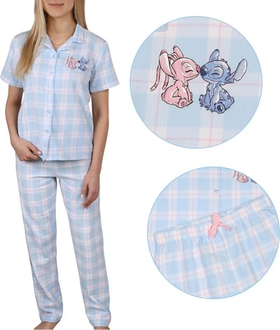 DISNEY Stitch Blauwe pyjama met korte mouwen, katoen voor meisjes, lange broek, met knopen