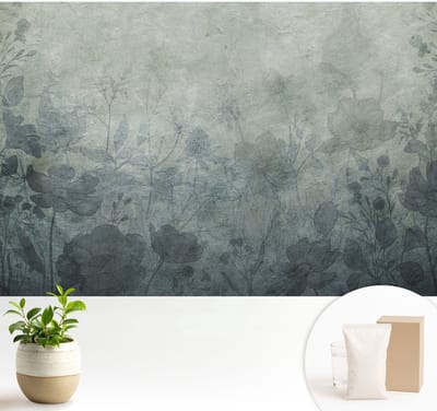 Wallfluent Behang - Plantaardige elegantie Vliesbehang - 104x70 cm - Grijs Behang - Voor liefhebbers van kunst en natuur - Behang Voor de slaapkamer, woonkamer en kantoor - Behangrol Bloemen en planten