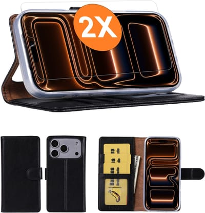 Hoesje geschikt voor iPhone 17 Pro Max hoesje Zwart pasjeshouder telefoon hoes - Met screenprotector tempered glass voor iPhone 17 Pro Max - 2x