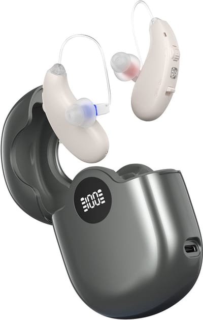 Pro Care Excellent Quality® 2x DSP Intelligent digitaal Gehoorapparaat - Gehoorversterker - Noise Reduction - Easy Click - Geluid Reductie - 3 Slimme Luistermodi - Oplaadbare LED Li/Re Box - Voor achter het oor (AHO) links en rechts - Zilver Beige