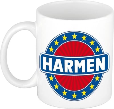 Bellatio Decorations - Harmen voornaam - koffiemok - beker - wit/blauw - 300 ml - Cadeau - Heren - Collega - Vaderdag - Verjaardag