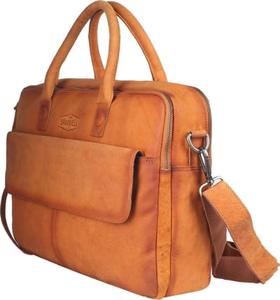 Sparwell tas - laptoptas / schoudertas - 15 inch / 16 inch - leer - veel vakjes! - bruin / licht bruin