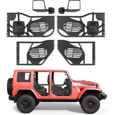 VEVOR 4-deurs buisdeuren, compatibel met Jeep Wrangler JK Unlimited (2007-2018), stalen halve deuren voor off-road gebruik (voor en achter) met DOT-gecertificeerde zijspiegels, opbergtas en rubberen pads.
