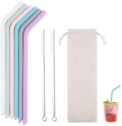 Dailygoods- Rietjes 6 Stuks Siliconen - Herbruikbaar - Rietjesborstel 2 Stuks - Opbergtas - Bubble Tea - Milieuvriendelijk - Herbruikbare Rietjes