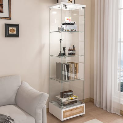 DESMIU Vitrinekast - Met Ledverlichting En Afsluitbaar Opbergvak - Voor Woonkamer Slaapkamer En Kantoor - Mdf En Glas - 167x42,5x36,5 Cm - Wit