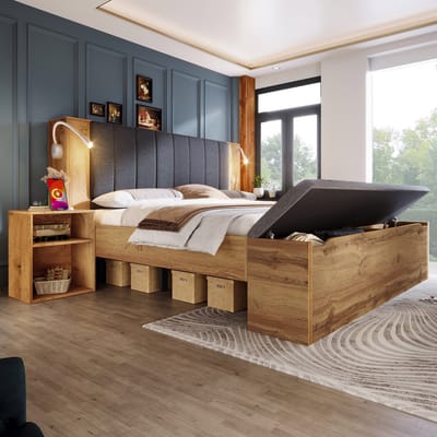 Wishdor Compleet Bed - 160x200 cm - Inclusief USB Leeslampen, 2 Nachtkastjes En Opbergbank - Eikenlook Stijl - Metaal en MDF