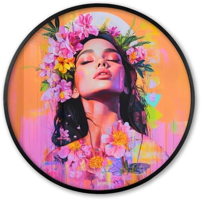 Poster in lijst Rond - Fotolijst 60x60 cm - Posters - Portret - Bloemenkroon - Vrouw - Ronde posterlijst zwart - Decoratie - Wanddecoratie woonkamer - Muurdecoratie slaapkamer
