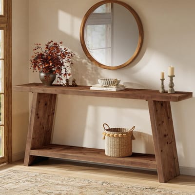 LITTLE TREE 2-Laags Console Tafel - 160 X 30 X 80 Cm - Massief Hout - Landelijk Design - Smalle Banktafel Met Opbergruimte - Bruin
