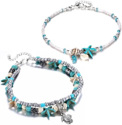 Bohemian Dubbele Enkelband met Sterrenzeester, Zeeschildpad en Parels - Strandaccessoires voor Vrouwen en Meisjes