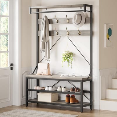 Kapstok staand, Industrieel halmeubel met bank - kapstokken met 9 haken & legplank, rustiek bruin/zwart, 101 x 40 x 182 cm - Grijs