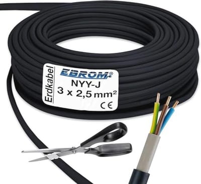 Krachtige NYY-J Stroomkabel 3x2,5 mm2 - 15m Zwart voor Buiten