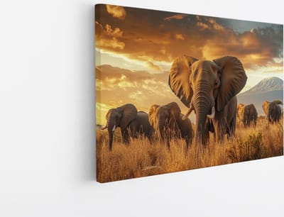 Saammp Canvas Schilderij - olifanten in de Savanne tijdens een trek - Dieren - 45x30 - Foto op canvas - Wanddecoratie - muurdecoratie Woonkamer - Slaapkamer decoratie - Canvas Print