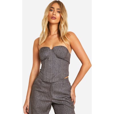 boohoo Dames Premium Pinstripe Sweetheart Korset | Chocolate | Maat: 10