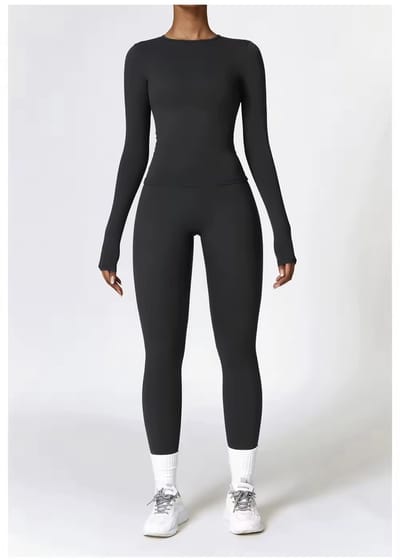 Elemental Gym Set - Maat S - Zwart - Long - 2-delige set: Long Sleeve top + Highwaisted Legging - Black - Seamless Sportset Dames