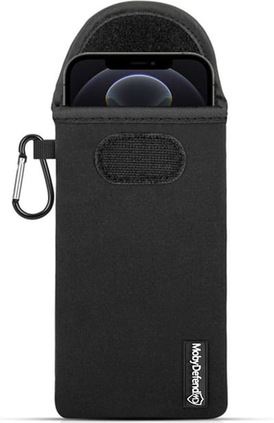 MobyDefend Hoesje - Geschikt voor iPhone 12 Pro Max - Neopreen Pouch Met Karabijnhaak - Insteek - Riemlus - Zwart