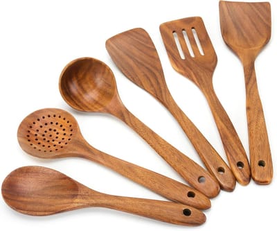 KZQ 6-delige houten kooklepelset - Geschikt voor antiaanbakpannen, gemaakt van hittebestendig massief hout met gladde teakhouten handvatten voor een comfortabele grip - Lichtgewicht en duurzaam - Gemakkelijk schoon te maken (6 grote lepels)