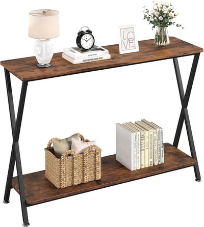 Consoletafel, halmeubel met 2 opbergniveaus, hout en metaal entreetafel voor de gang, X-vormig frame, afmetingen 105 x 30 x 81 cm, rustiek bruin