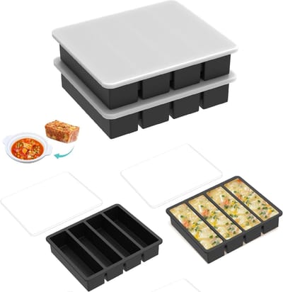 Set van 4 Siliconen Vriesvormen met Deksel voor Soep, Bouillon, Saus en IJsblokjes, Stapelbaar en Makkelijk te Vormen