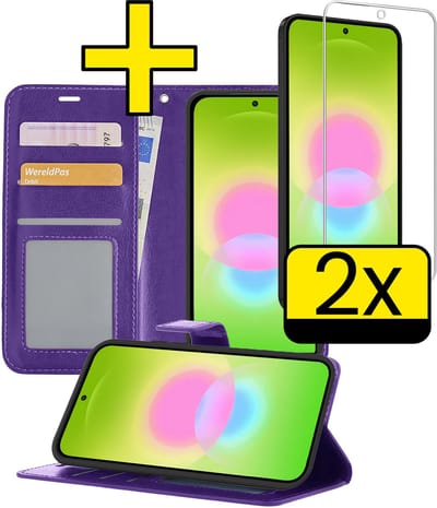 Hoesje - Met 2x Screenprotector - Geschikt voor Samsung Galaxy A27 - Luxe Pasjeshouder - Bookcase Portemonee - Flip Case - Kunstleer Book Case - Flipcase Hoes - Book Cover - Walletcase - Portemonneehoes - Telefoonhoesjes - Paars