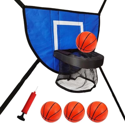 Trampoline Basketbal Ring - Hoepel Set - Spelplezier Buiten - Versterkt Stabiliteit - 4 Mini Ballen - Blauw