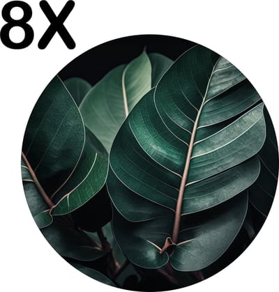 Luxe Ronde Placemat - Groene Bladeren met Donkere Shaduw - Set van 8 Placemats - 50x50 cm - 2 mm dik Vinyl - Anti Slip - Afneembaar