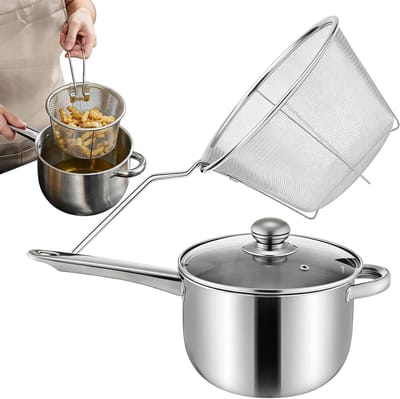 Frituurpan met Mand - Koekenpan Friteuse - Thuis Frituren - Antiaanbaklaag Inductie - 38x13x195cm - Zilver