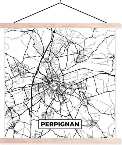 Posterhanger incl. Poster 40x40 cm - Schoolplaat - Frankrijk - Plattegrond - Perpignan - Stadskaart - Kaart - Zwart wit - Textielposter - Blanke latten - Stadskaart
