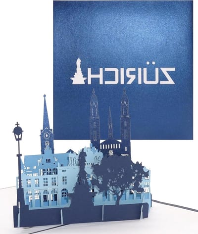 Wenskaart Zürich - Pop-up kaart Stadskaart - Souvenir geven - 3D Panorama - 15 x 15 cm - Blauw