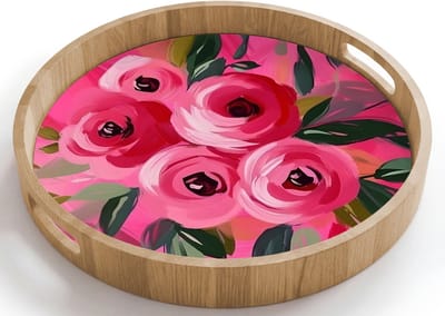 Dienblad rond 40x40 cm - Schootdienblad hout - Bloemen - Verf - Roze - Borrelplank rechthoek - Plateau houten dienbladen