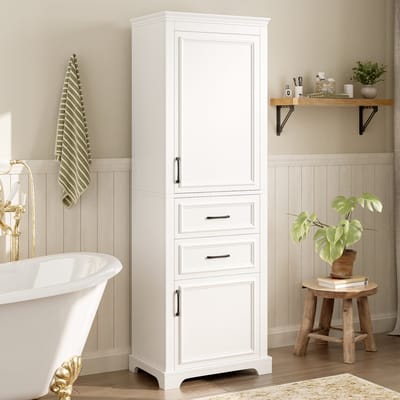 HAUSS SPOLE Badkamerkast - Hoge Opbergkast Met 2 Lades En 2 Kasten - Voor Badkamer En Wasruimte - MDF - 60x40x180 Cm - Wit