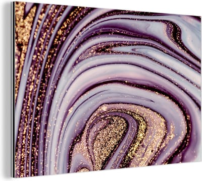 Wanddecoratie Metaal - Aluminium Schilderij Industrieel - Marmer - Roze - Goud - Glitter - Marmerlook - Luxe - 150x100 cm - Dibond - Foto op aluminium - Industriële muurdecoratie - Voor de woonkamer/slaapkamer