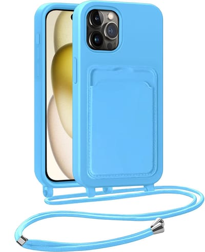 Hoesje Geschikt voor iPhone 14 Pro Telefoonhoesje Met Koord Case Pashouder Siliconen - Hoes Geschikt voor iPhone 14 Pro Hoesje Met Kaarthouder - Lichtblauw - 2 Stuks