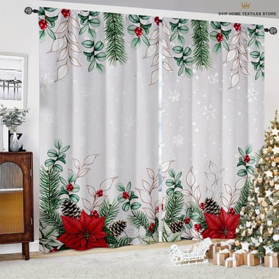 Gedrukte Gordijnen met Cartoon, Kerstman, Sneeuwpop, Kerstversiering, Slaapkamer, Eetkamer, Woonkamer, Feestversiering, 2 stuks W50X130H(CM)X2PCS&Rod pocket