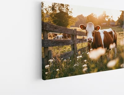 Saammp Canvas Schilderij - Koe in de wei in de zonsondergang - Natuur - Dieren - 45x30 - Foto op canvas - Wanddecoratie - Muurdecoratie Woonkamer - Slaapkamer decoratie - Canvas Print