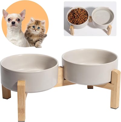 Famanu - Dubbele keramische hondenbakset met antislip bamboehouder, verhoogde hondenbak voor voer en water, kommen voor katten en kleine honden, 2 x 480 ml – Grijs