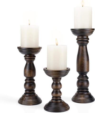 Set van 3 Rustieke Houten Kandelaars voor Pijler Kaarsen - Vintage Hoge Tafel Decoratie Donkerbruin