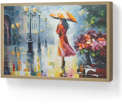 Wandlamp 60x40 cm - Oplaadbaar - Olieverf - Paraplu - Vrouw - Straat - Kunst - Wandlampen binnen woonkamer - Slaapkamer lamp - Decoratieve nachtlamp - Vloerlamp draadloos