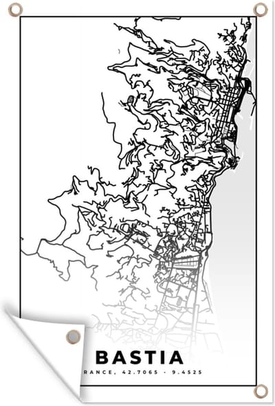 Muurdecoratie Stadskaart – Plattegrond – Kaart – Bastia - Frankrijk - Zwart wit - 120x180 cm - Tuinposter - Tuindoek