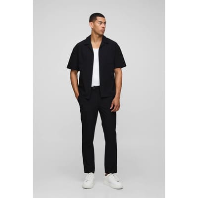 Regular Fit Technical Stretch Shirt & Tapered Trouser Set | Black | Size XS