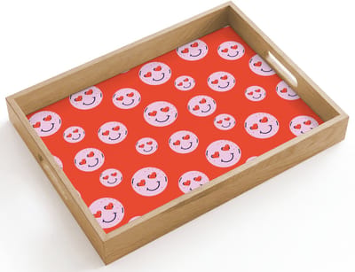 Dienblad hout 40x30 cm - Schootdienblad - Smiley - Patroon - Hartjes - Rood - Roze - Borrelplank rechthoek - Plateau dienbladen