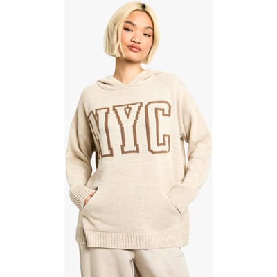 boohoo Dames NYC Gebreide Hoodie met capuchon | Stone | Maat: Small