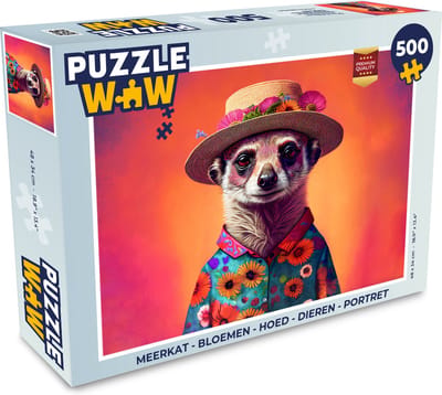 Puzzel Meerkat - Bloemen - Hoed - Dieren - Portret - Stokstaartje - Legpuzzel - Puzzel 500 stukjes