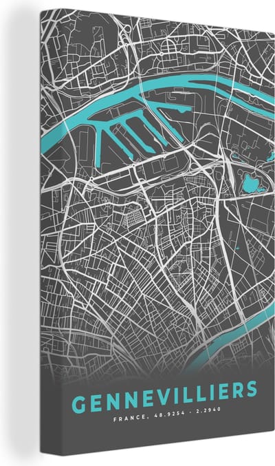 Canvas Schilderij Gennevilliers - Frankrijk - Plattegrond - Kaart - Stadskaart - 20x30 cm - Wanddecoratie
