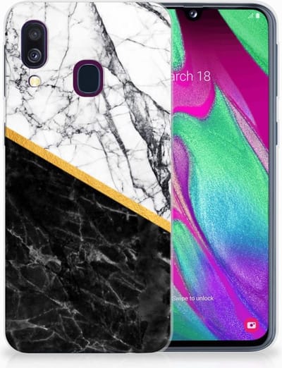Samsung Galaxy A40 TPU Siliconen Hoesje Marmer Wit Zwart - Origineel Cadeau Man