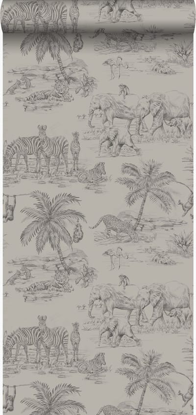 Origin Wallcoverings behang jungle dieren klei grijs - 53 cm x 10.05 m - 347443