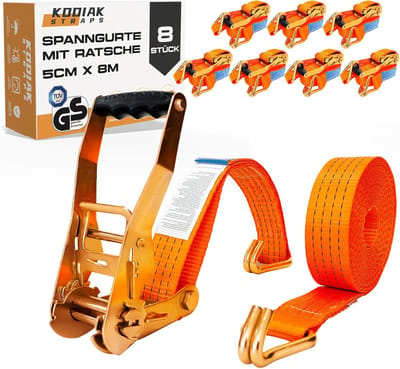 Ratelbanden 8m x 4000kg met Ratel en Haken - 50mm - Oranje - TÜV/GS Gecertificeerd - DIN EN 12195-2