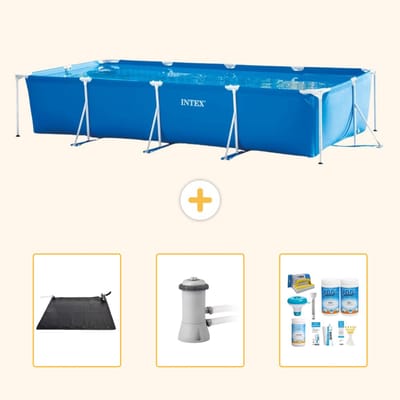Intex Rechthoekig Frame Zwembad - 450 x 220 x 84 cm - Blauw - Inclusief Solar Mat - Zwembadfilterpomp - Onderhoudspakket - 4-delig