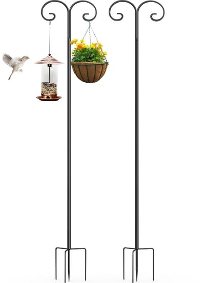 unho Dubbele Herdershaak voor Buiten - 240cm Hoge Vogelvoederpaal - met 5 Tanden Basis - Verstelbare Zware Tuin Ophang Houder voor Hangplant,Solar Lamp,Bruiloft Decor,Voederhuis Kolibrie - 2st